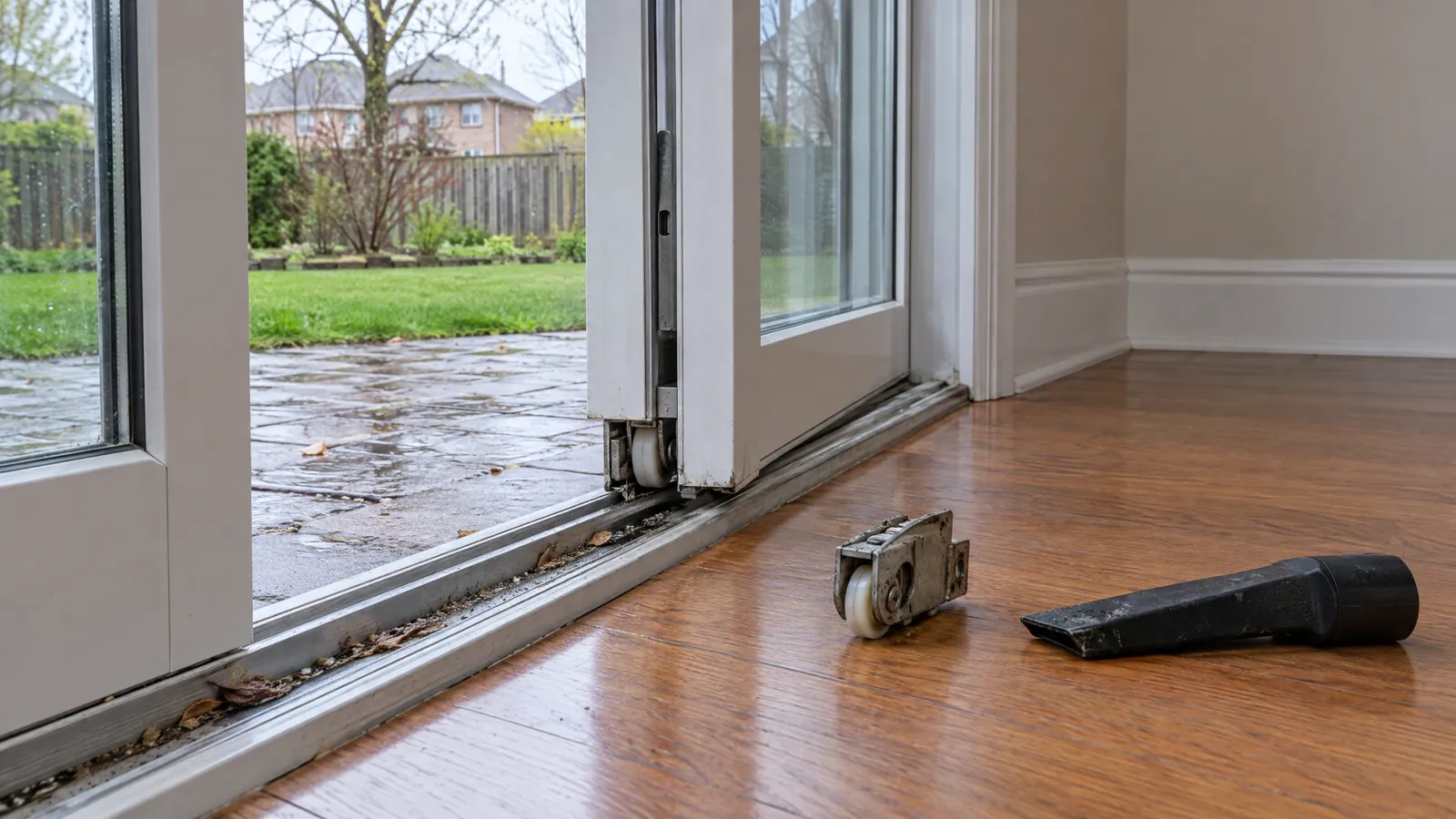 Low view along the bottom track of an open sliding patio door, grit and leaves in the channel, a worn roller and a vacuum nozzle on the floor beside it