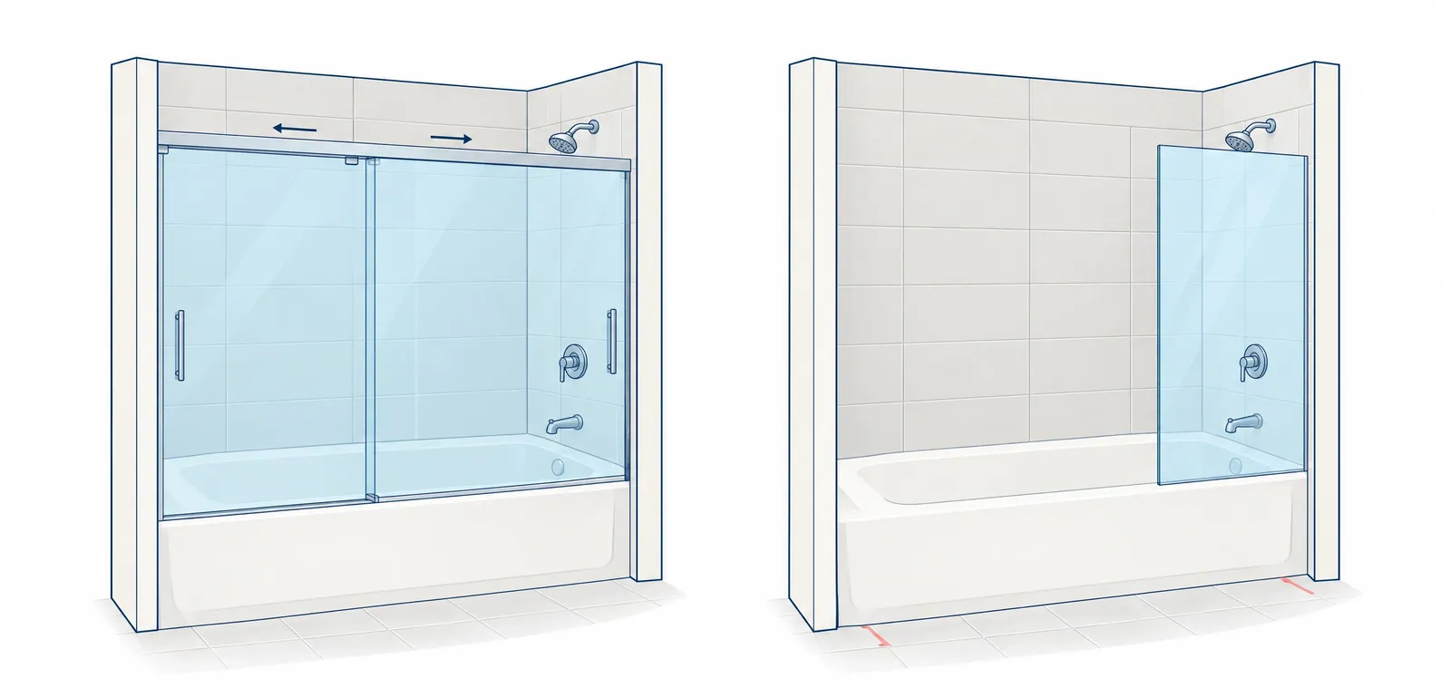 Drawing of a bathtub with two sliding glass doors on an overhead track, next to the same tub with a single fixed glass screen at the shower end