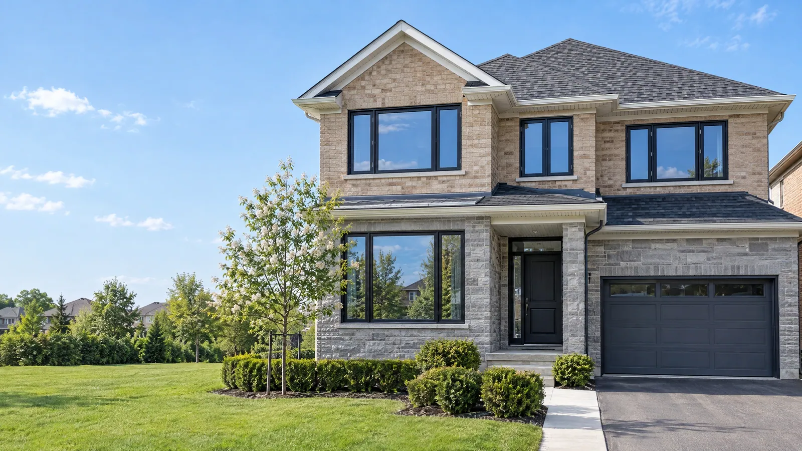 Detached stone and brick home in late summer with black-framed vinyl casement and picture windows