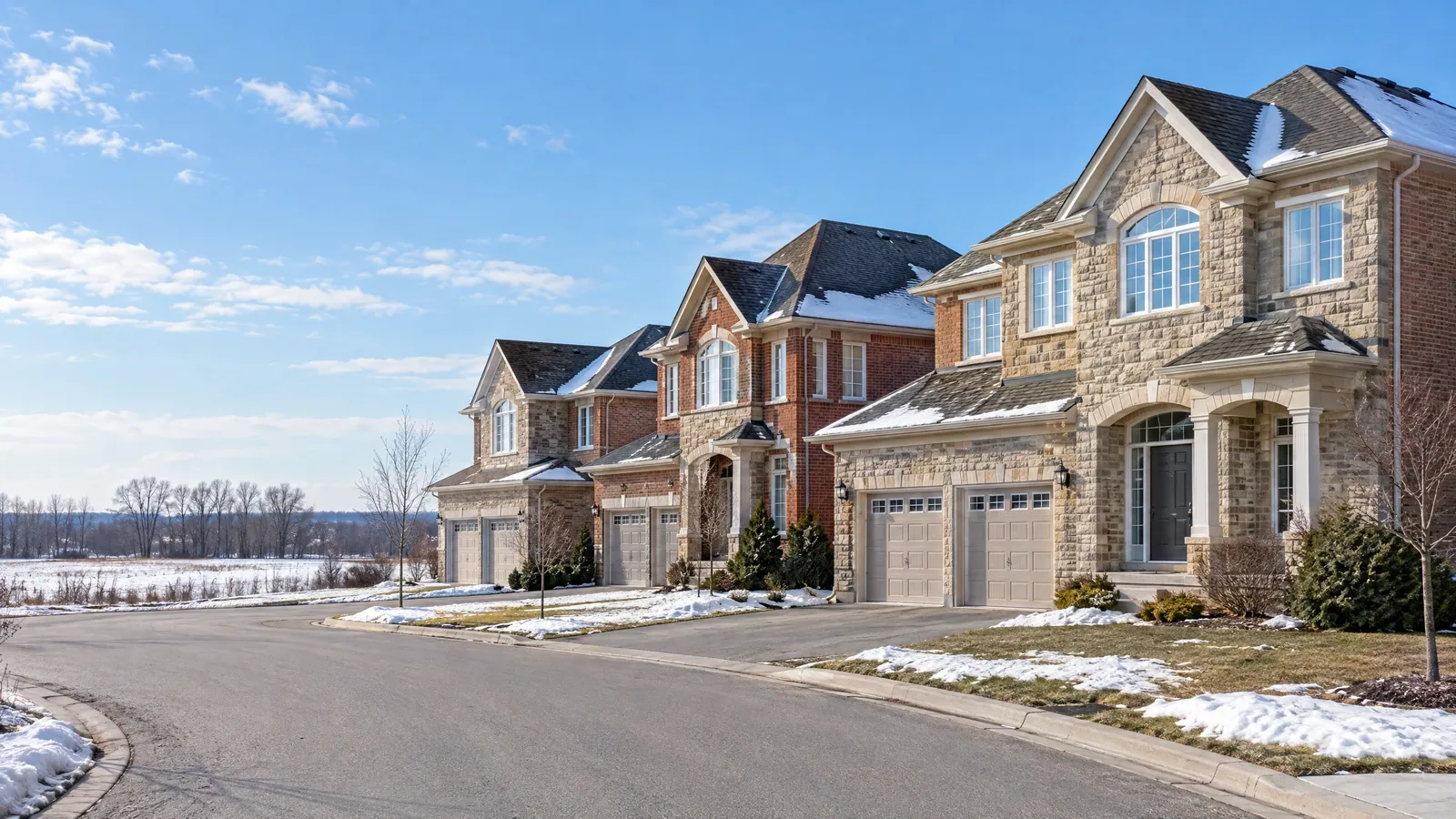 Newer stone and brick detached homes with arched upper windows and double garages on a curving street, open fields and patchy late-winter snow beyond