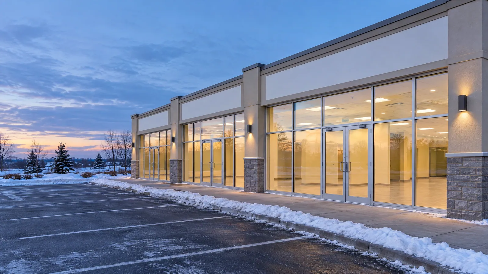 Plaza units with floor-to-ceiling aluminum-framed storefront glass and paired glass doors at winter dusk