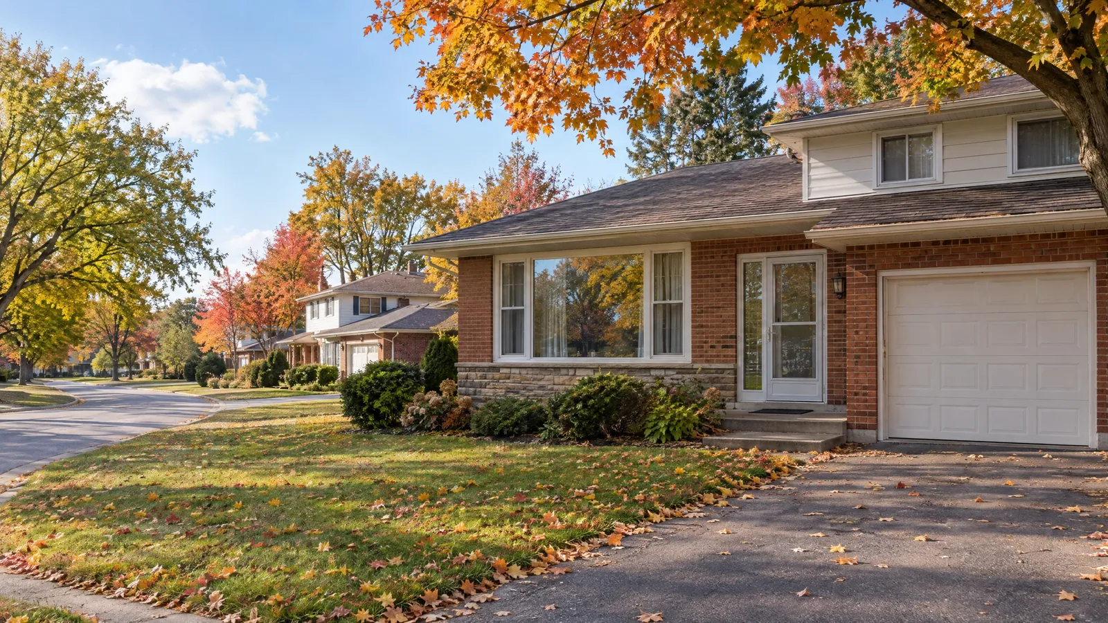 Brick 1970s side-split with a wide three-part picture window, a storm door and a single garage, on a quiet street under orange maples