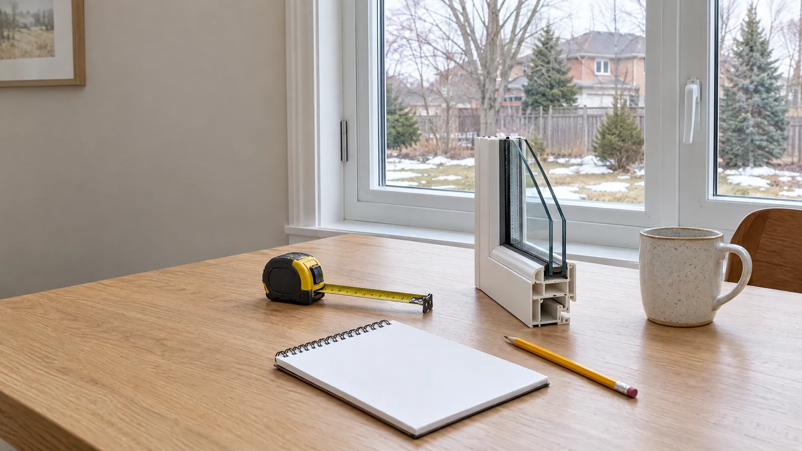 Light oak kitchen table in front of a white casement window, set with a tape measure, a blank spiral notepad, a pencil, a mug and a cutaway corner of a white frame holding a double-glazed sealed unit, with a snowy backyard and brick houses outside
