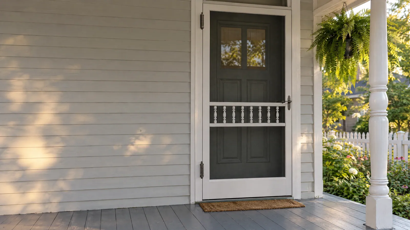 White wood screen door with a row of turned spindles across the middle, over a dark panelled door on the porch of a clapboard house in summer